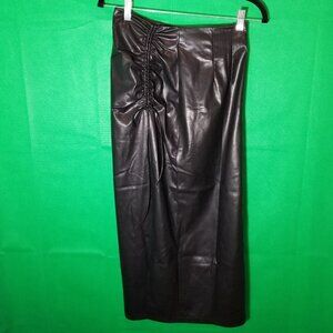MICAS Long Skirt Women Small Black Faux Leather Leg Slit Tie Back City Party